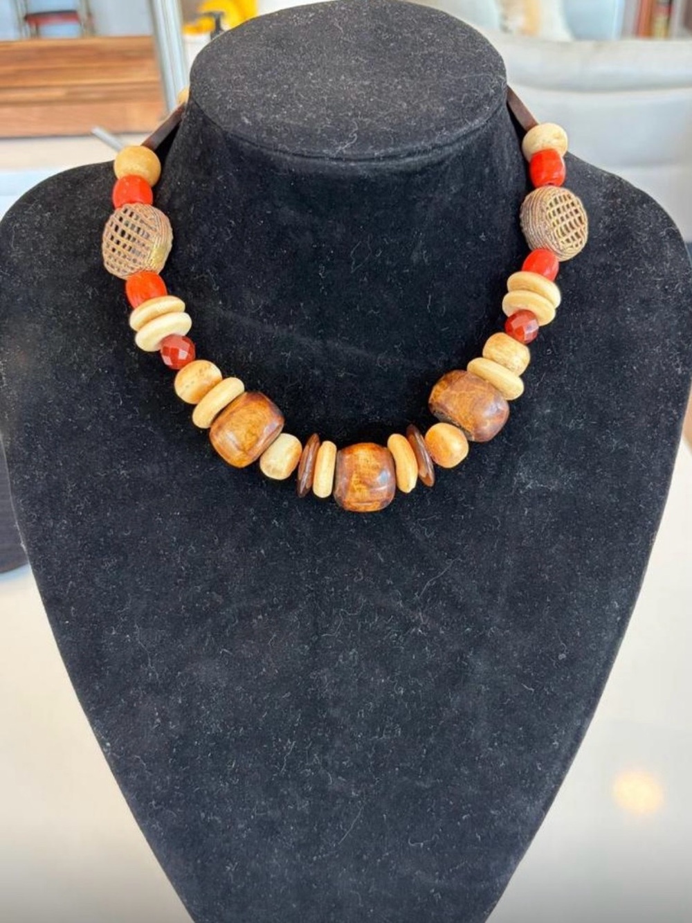 Hand-Carved Orange Brown Mixed Bead Statement Necklace